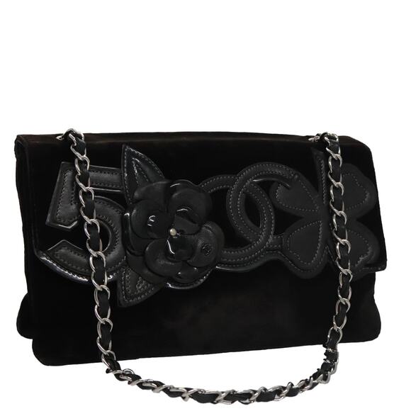 CHANEL Chain Camelia Shoulder Bag Velor Leather Black Silver CC - Picture 1 of 16
